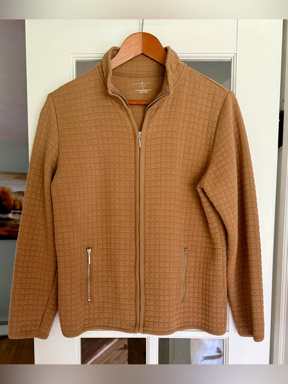 Karen Scott Sport Quilted Jacket in Camel, Size Medium